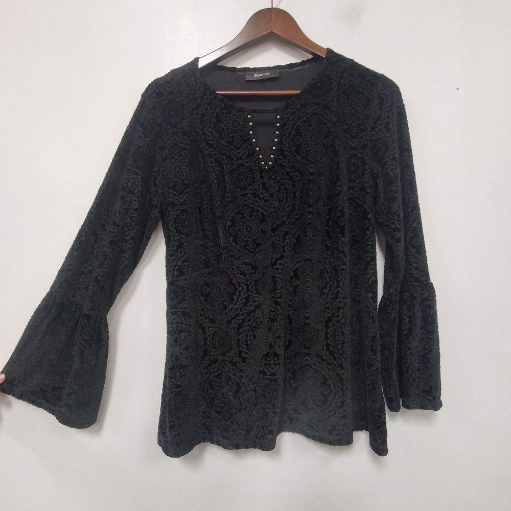Style & Co Womens Velvet Burnout Flare Sleeve Sheer Top Size M Black Whimsigoth